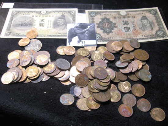 Old Japanese Five & Ten Yen Notes, pre WW II era; & a large group of foreign Coins.