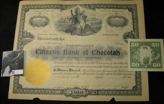 Lois Drapery Bank?Ladora, Iowa $50 advertising card; & an unissued Stock Certificate No. 80 "Citizen