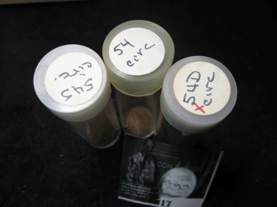 (1) 1954 P, (50+) 54 D, & (8) 54 S Lincoln "Wheat back" Cents in three plastic tubes.