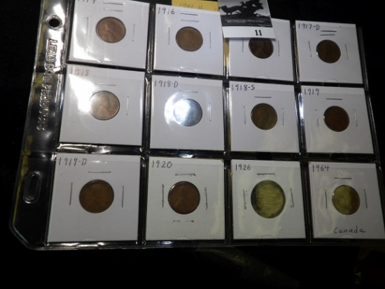 1914 P, 16 P, 17P, 17D, 18P, D, S, 19P, D, 20P, 26P U.S. Wheat Cents & a 1969 Canadian Cent.