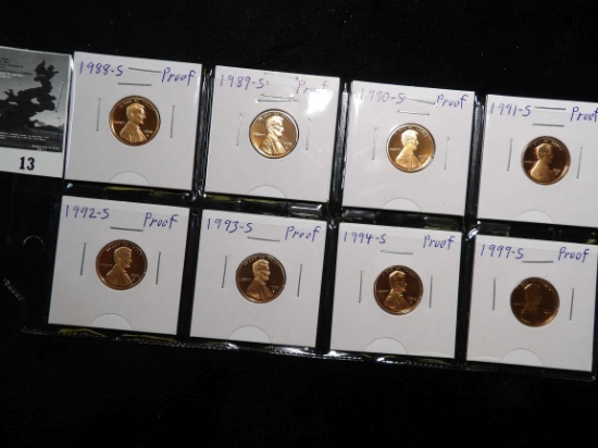1988 S, 89 S, 90 S, 91 S, 92 S, 93 S, 94 S, & 99 S  Proof Lincoln Cents.