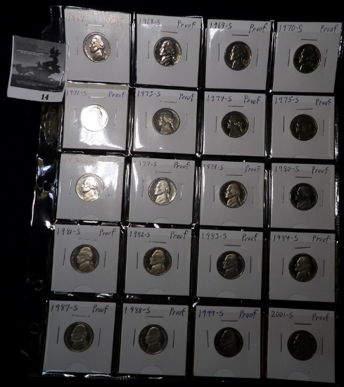 (20) Proof Jefferson Nickels in a Plastic Page: 1964 P, 68 S, 69 S, 70 S, 71 S, 73 S, 74 S, 75 S, 76