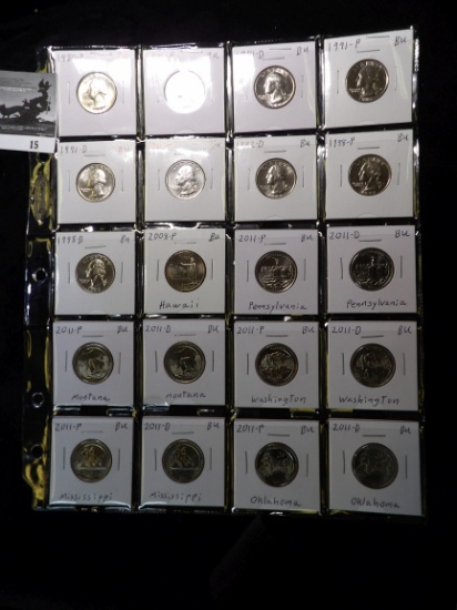 (20) BU Quarters in a plastic page: 1980 P, 81 P, D, 91 P, D, 92 P, D, 98 P, D, 08 P Hawaii, & all (