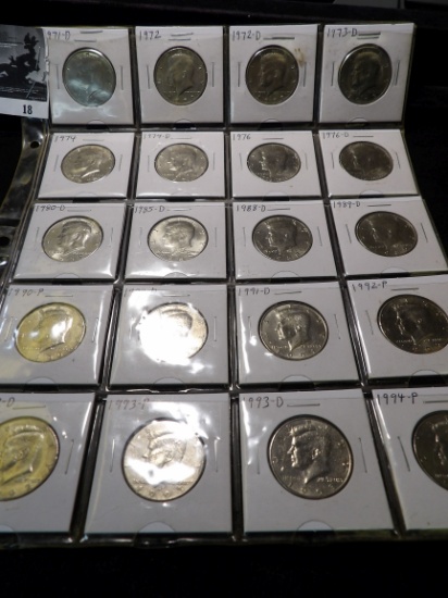 (20) Kennedy Half Dollars in a plastic page: 1971 D, 72 P, D, 73 D, 74 P, D, 76 P, D, 80 D, 85 D, 88