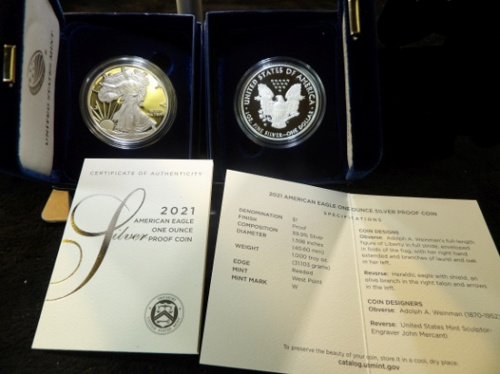 (2) 2021 W American Eagle One Ounce Silver Proof Dollars in original boxes as issued.