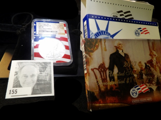 2007 S U.S. Proof Set in original box, 14 pcs.; & 2021 Eagle One Ounce Silver Dollar Eagle Landing T
