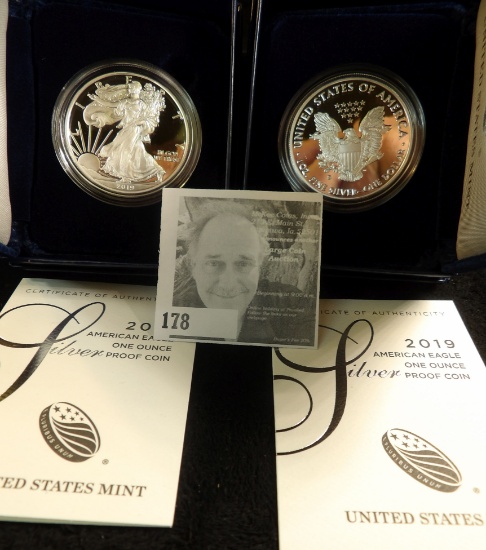 (2) 2019 S American Eagle One Ounce Silver Proof Dollars in original boxes as issued.