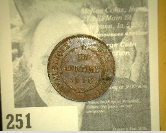 1846 Republic of Haiti One Cent, Brown Unc. Quite rare!