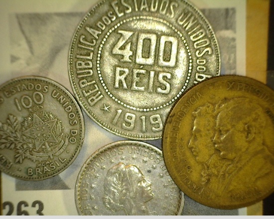 Brazil: 1901 100 Reis VF; 1919 400 Reis VF; 1913 500 Reis EF; & 1822-1922 1000 Reis Commemorative.