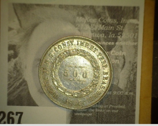 1864 Brazil 500 Reis Silver Coin, EF.