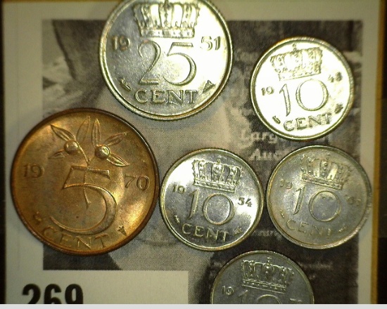 High Grade group of Netherlands: 1948, 54, 61, & 70 Ten cents; & 1970 Five Cent.
