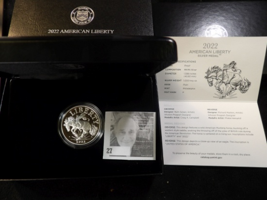 2022 P American Liberty Silver Medal in original box of issue. Contains One Ounce of Proof Struck .9