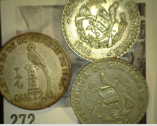 Guatemala: 1924 1/4 Quetzal Silver; & 1965 & 1970 25c.