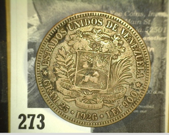 1926 Venezuela Silver Bolivar, VF. 25 grams .900 fine Silver.