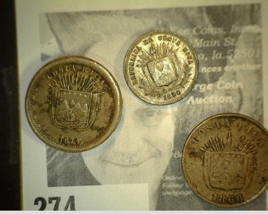 Costa Rica: 1866 & 1874 One Centavos, both VF; & a Silver 1890 Five Centavos, EF.