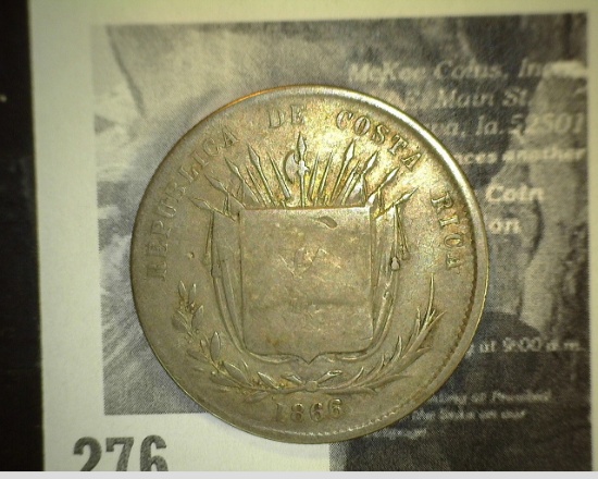 1866 Republic of Costa Rica 50 Centesimos Silver Coin.