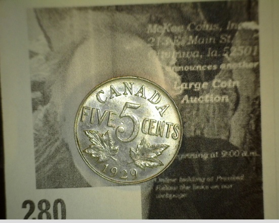 1929 Canada George V "Beaver" Nickel, Brilliant Uncirculated.