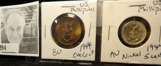 US/Phillipines 1944 BU Cent & US/Phillipines 1944 5 cent - nickel - AU