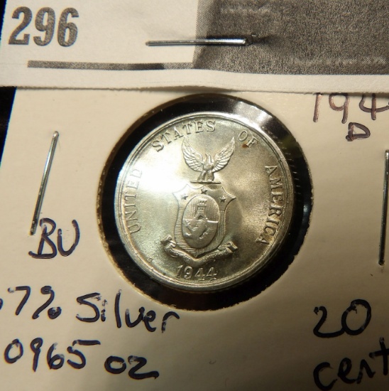 1944 D US/Phillipines 20 centavos,nice BU - .7% silver .0965 oz