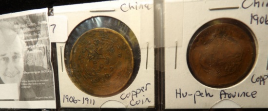 (2) old Chinese Copper Coins - Tai-Ching-Ti-Kuo Copper Coin from 1906-1911 time & Hu-peh Province Co