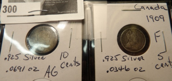 1909 Canada 10 cents AG - .925 silver & 1909 Canada 5 cents F - .925 silver