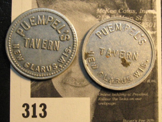 (2) Different Varieties, Puempel's / Tavern/ New Clarus, Wisc., Good For/ 10c/ in Trade. Round Alumi