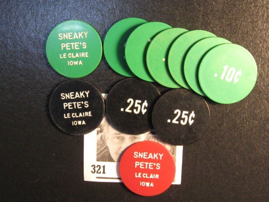 Sneaky Pete's LeClair, Iowa (7) 10c, (3) 25c and (1) $1.00 Plastic Good For Tokens.