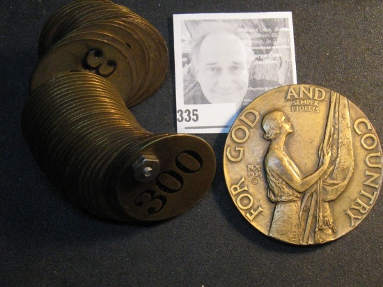 Large 1925 Brass American Legion School Award Medal & Large Roll of Brass Number Tags.