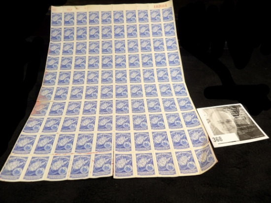 Original Sheet of West Virginia Liquor Control Commission Unusued Stamps. (110-stamp sheet). Printed