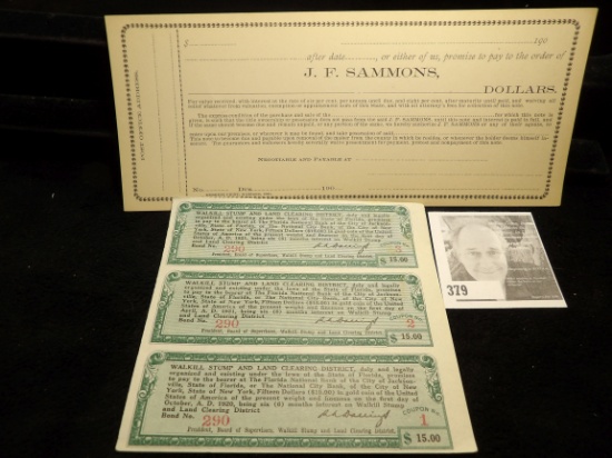 Early 1900 Unissued Promissory Note "J.F. Sammons"; & an uncut sheet of Coupon No. 1, 2, & s Walkill