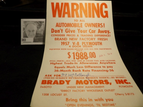 Brady Motors, Inc. Advertising Poster for "Brand New Factory Fresh 1957 V-8 Plymouth 4 Door Sedan. 1