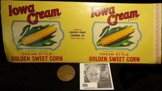Original Label for IOWA CREAM BRAND CREAM STYLE GOLDEN SWEET CORN, packed by Center Point Canning Co
