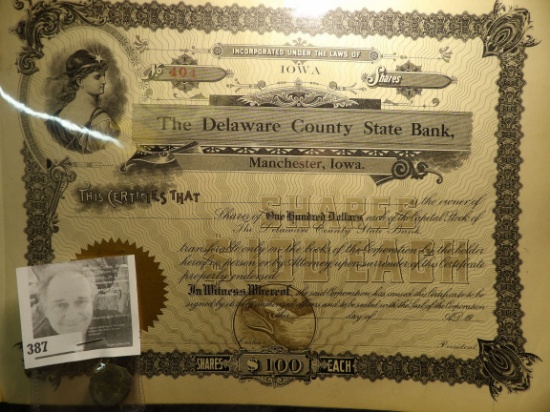 Ancient Roman Bronze Coin & an unissued Stock Certificate No. 401 The Delaware County State Bank, Ma