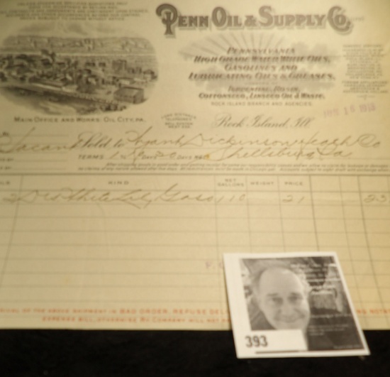 July 16, 1913 Invoice from Rock Island, Ill. "Penn Oil & Supply C0."