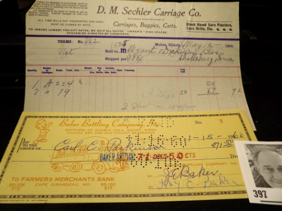May 12, 1900 Invoice "D.M. Sechler Carriage Co. Wholesale Manufacturers of Carriages, Buggies, Carts