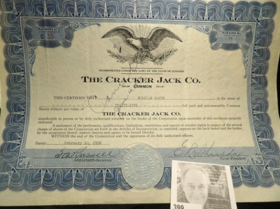 Feb. 10, 1938 Stock Certificate for 35 Shares of The Cracker Jack Co. embossed & autographed.