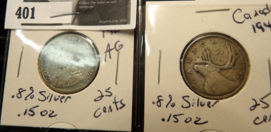 1928 Canada 25 cents AG - .8% silver & 1942 Canada 25 cents - .8% silver .15 oz