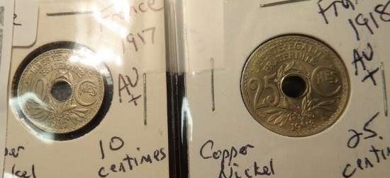 1917 France 10 centimes - AU+ & 1918 France 25 centimes - AU+, copper nickel