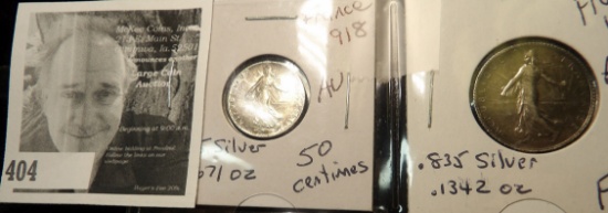 1918 France 50 centimes - AU, .835 silver & 1918 France 1 Franc - AU, .835 silver