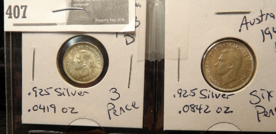 1943 D Australia 3 Pence - AU, .925 silver & 1942 D Australia Sixpence AU, .925 silver