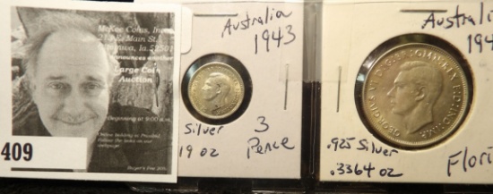 1943 Australia 3 Pence - AU, .925 silver & 1943 Australia Florin .925 Silver - .3364 oz