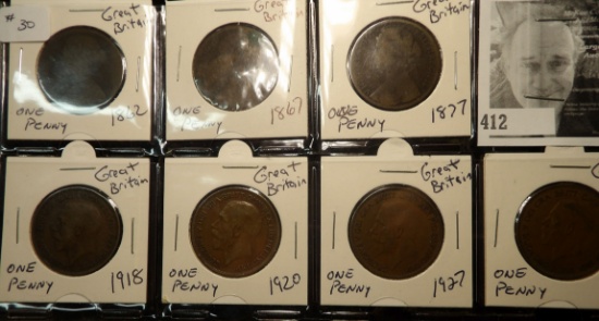 Group of Great Britain One Pennies - 1862,1867,1877,1918,1920,1927 & 1928