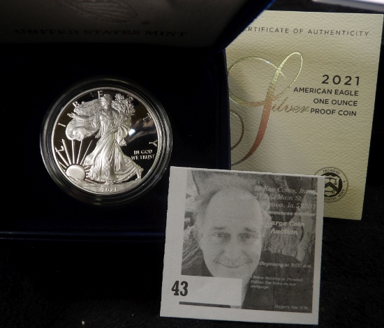 2021 W American Eagle One Ounce Silver Proof Dollar in original box as issued.