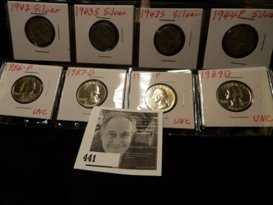 1942 P t.1, (2) 1943 S, 44P Jefferson Nickels; 1986 P, 87 P, D, & 89 D Washington Quarters. All card
