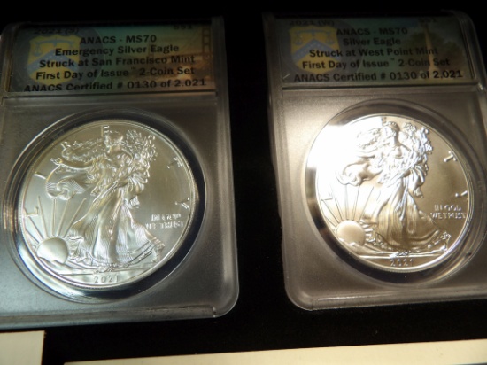 2021 (S) & (W) ANACS slabbed Two-coin Set ANACS MS70 Emergency Silver Eagle Struck at San Francisco