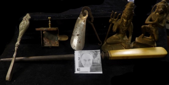 Antique Button Hook and Shoe Horn; Brass Folding Ash Tray; Brass Hindu Figure with Trident; Tweezer