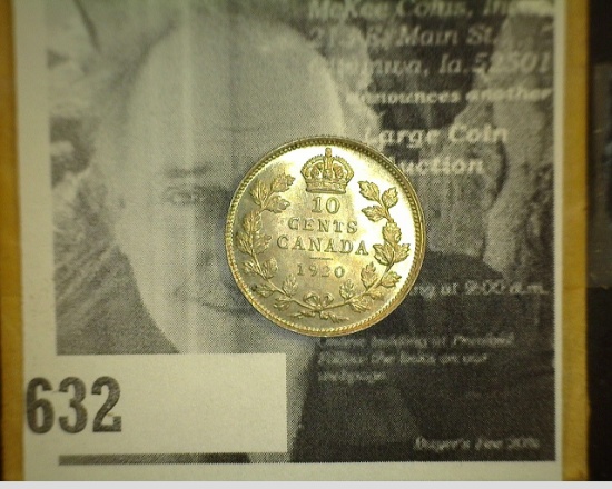 1920 King George V Canada Silver Dime, Brilliant Uncirculated.