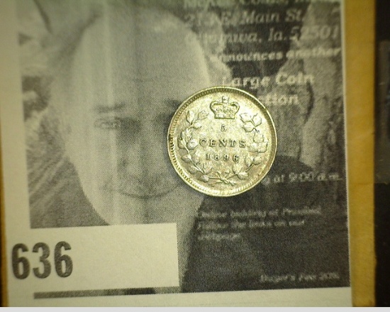 1896 Queen Victoria Canada Five Cent Silver, Extra Fine.