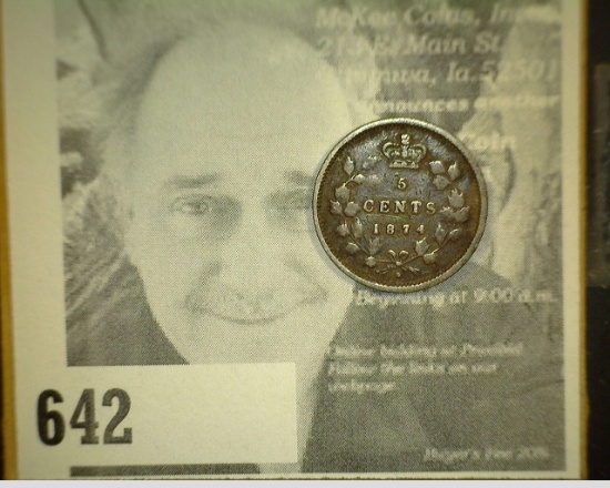 1874H Queen Victoria Canada Five Cent Silver. Fine.