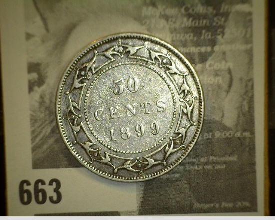 1899 New Foundland Silver Half Dollar depicting Queen Victoria, VF.